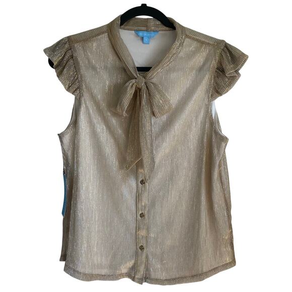 Draper James Blouse Cap Ruffle Sleeve Tie Neck Shimmer Gold Sz M Fairy NWT - Picture 1 of 13